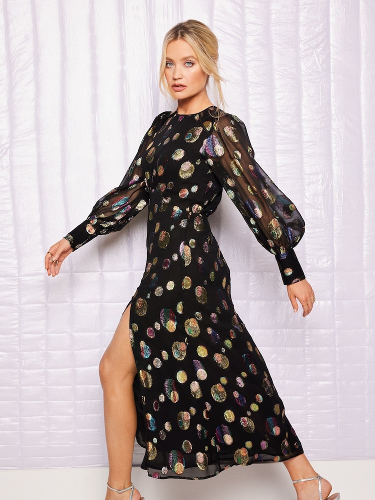 Schwarz - Love & Roses Langärmeliges Midikleid aus metallischem Jacquard - Bild 2 von 4