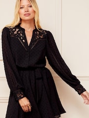 Love & Roses Black Dobby Spot Chiffon Lace Yoke Long Sleeve Mini Dress - Image 1 of 4