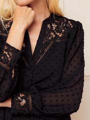 Love & Roses Black Dobby Spot Chiffon Lace Yoke Long Sleeve Mini Dress - Image 2 of 4