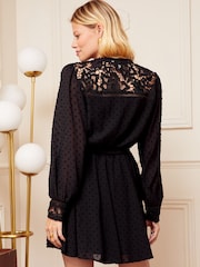 Love & Roses Black Dobby Spot Chiffon Lace Yoke Long Sleeve Mini Dress - Image 3 of 4