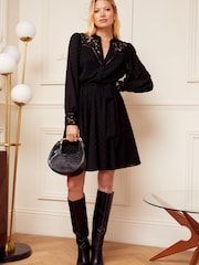 Love & Roses Black Dobby Spot Chiffon Lace Yoke Long Sleeve Mini Dress - Image 4 of 4