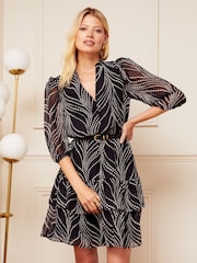 Love & Roses Black Polka Dot Chiffon V Neck Elasticated Sleeve Belted Mini Dress - Image 1 of 4