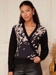 Love & Roses Black Animal Petite Woven Mix Printed Wrap Jumper - Image 1 of 4