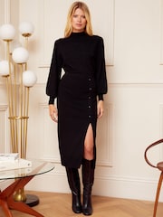 Love & Roses Black High Neck Long Sleeve Button Knitted Midi Dress - Image 1 of 4