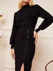 Love & Roses Black High Neck Long Sleeve Button Knitted Midi Dress - Image 2 of 4