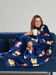 Loungeable Blue Christmas Frenchie Luxury Fleece Sleeved Blanket - Image 1 of 5
