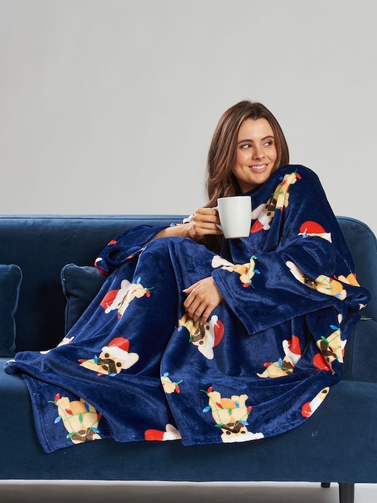 Loungeable Blue Christmas Frenchie Luxury Fleece Sleeved Blanket - Image 1 of 5
