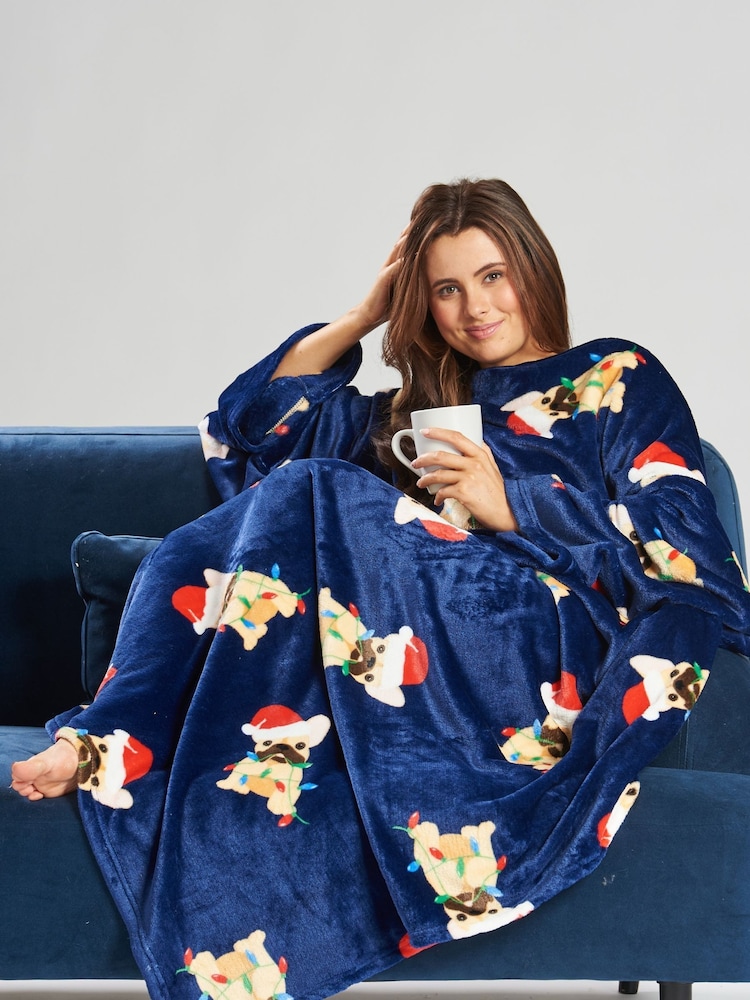 Loungeable Blue Christmas Frenchie Luxury Fleece Sleeved Blanket - Image 2 of 5