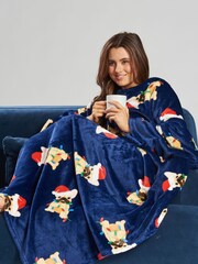 Loungeable Blue Christmas Frenchie Luxury Fleece Sleeved Blanket - Image 3 of 5