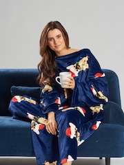 Loungeable Blue Christmas Frenchie Luxury Fleece Sleeved Blanket - Image 5 of 5