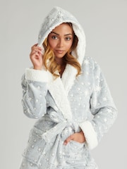 Loungeable Grey Sparkle Star Luxury Fleece Hooded Robe - Image 2 of 5