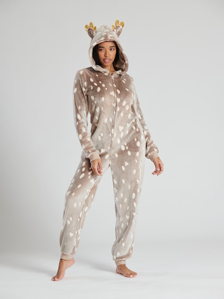 Loungeable Brown Reindeer Fleece All-In-One - Image 2 of 5