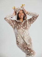 Loungeable Brown Reindeer Fleece All-In-One - Image 4 of 5