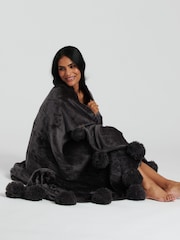 Loungeable Black Pom Pom Flannel Fleece Blanket - Image 1 of 3