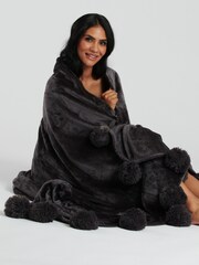 Loungeable Black Pom Pom Flannel Fleece Blanket - Image 2 of 3