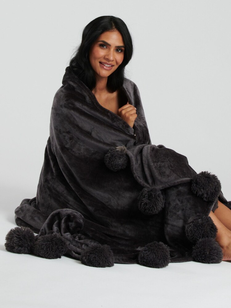 Loungeable Black Pom Pom Flannel Fleece Blanket - Image 2 of 3