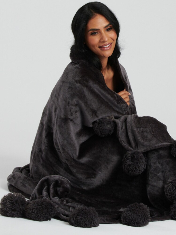 Loungeable Black Pom Pom Flannel Fleece Blanket - Image 3 of 3