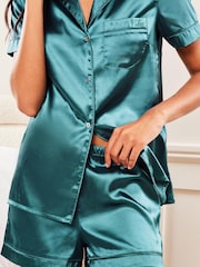 Lipsy Teal Blue Satin Short Sleeve Shorts Pyjamas - Image 4 of 4