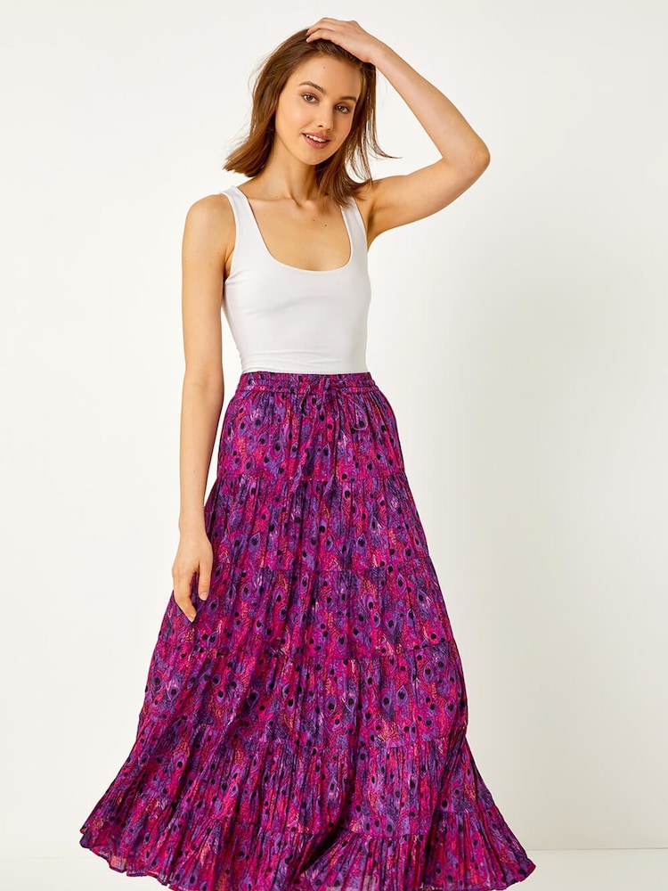 Roman Purple Multi Feather Print Tiered Cotton Maxi Skirt - Image 1 of 5