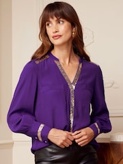 Love & Roses Purple and Gold Sequin V Neck Long Sleeve Blouse - Image 1 of 4