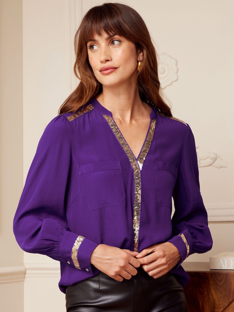 Love & Roses Purple and Gold Sequin V Neck Long Sleeve Blouse - Image 1 of 4 Love & Roses Purple and Gold Sequin V Neck Long Sleeve Blouse - Image 1 of 4