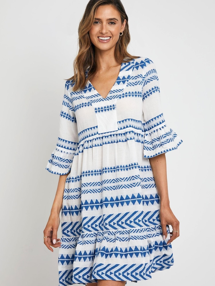 Threadbare Blue Embroidered Kaftan Tiered Beach Day Dress - Image 1 of 4