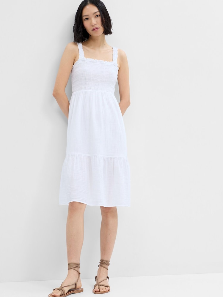 Gap White Smocked Midi Dress - Image 1 of 3 Gap White Smocked Midi Dress - Image 1 of 3