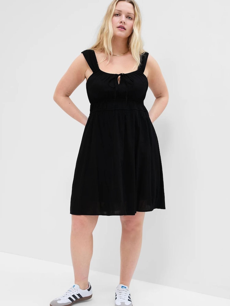Gap Black Tie-Neck Smocked Mini Dress - Image 1 of 5 Gap Black Tie-Neck Smocked Mini Dress - Image 1 of 5