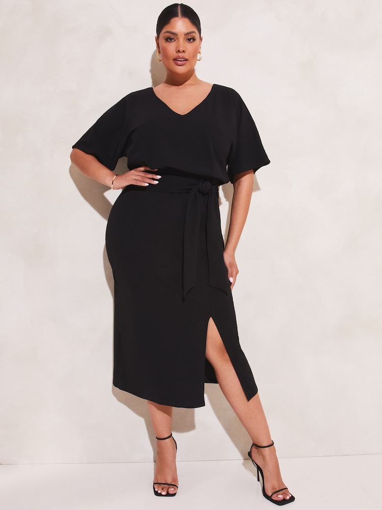 Lipsy Black Curve V Neck Flutter Sleeve Belted Midi Dress - Image 1 of 3