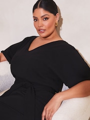 Lipsy Black Curve V Neck Flutter Sleeve Belted Midi Dress - Image 3 of 3