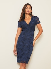 Lipsy Blue Petite Short Sleeve V Neck Lace Bodycon Dress - Image 1 of 4