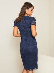 Lipsy Blue Petite Short Sleeve V Neck Lace Bodycon Dress - Image 2 of 4