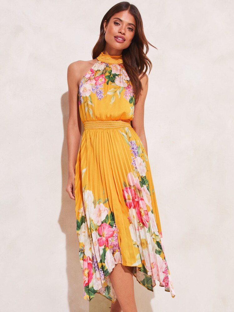 Lipsy Yellow Halter Pleated High Neck Midi Dress - Image 1 of 4