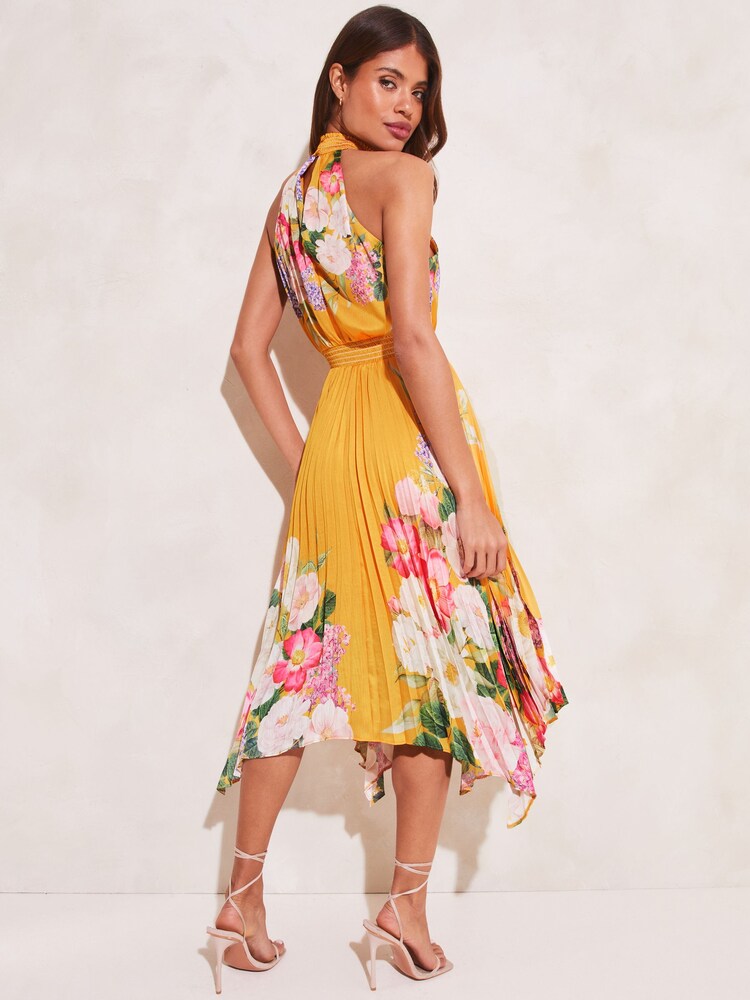 Lipsy Yellow Halter Pleated High Neck Midi Dress - Image 2 of 4