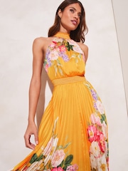 Lipsy Yellow Halter Pleated High Neck Midi Dress - Image 4 of 4