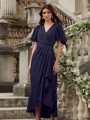 Lipsy Navy Petite Flutter Sleeve Wrap Front Bridesmaid Maxi Dress - Image 2 of 4