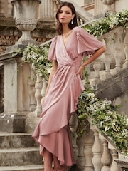 Lipsy Pink Petite Flutter Sleeve Wrap Front Bridesmaid Maxi Dress - Image 2 of 4
