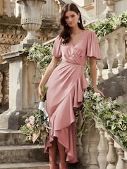 Lipsy Pink Petite Flutter Sleeve Wrap Front Bridesmaid Maxi Dress - Image 4 of 4