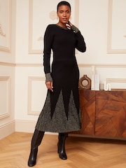 Schwarz/goldfarben - Love & Roses Langärmeliges Midi-Kleid aus Strick mit Godet-Rock - Bild 1 von 4