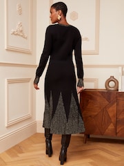 Schwarz/goldfarben - Love & Roses Langärmeliges Midi-Kleid aus Strick mit Godet-Rock - Bild 3 von 4