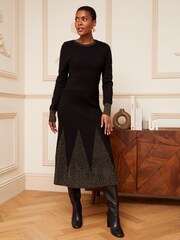 Schwarz/goldfarben - Love & Roses Langärmeliges Midi-Kleid aus Strick mit Godet-Rock - Bild 4 von 4