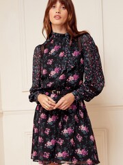 Love & Roses Black Floral Tie High Neck Printed Long Sleeve Belted Mini Dress - Image 1 of 4