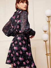 Love & Roses Black Floral Tie High Neck Printed Long Sleeve Belted Mini Dress - Image 2 of 4