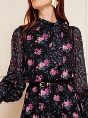 Love & Roses Black Floral Tie High Neck Printed Long Sleeve Belted Mini Dress - Image 4 of 4