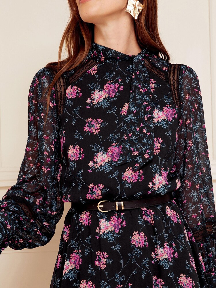 Love & Roses Black Floral Tie High Neck Printed Long Sleeve Belted Mini Dress - Image 4 of 4