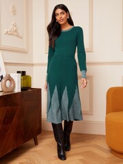 Love & Roses Green Godet Skirt Long Sleeve Knitted Midi Dress - Image 1 of 4