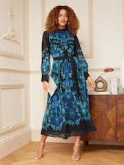 V&A | Love & Roses Black and Blue Printed Belted Pleated Long Sleeve Midi Dress - Image 1 of 4