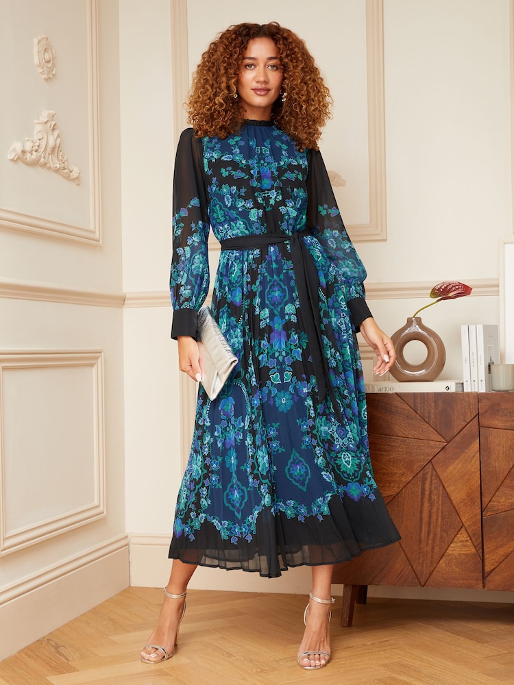 V&A | Love & Roses Black and Blue Printed Belted Pleated Long Sleeve Midi Dress - Image 1 of 4