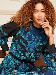 V&A | Love & Roses Black and Blue Printed Belted Pleated Long Sleeve Midi Dress - Image 2 of 4