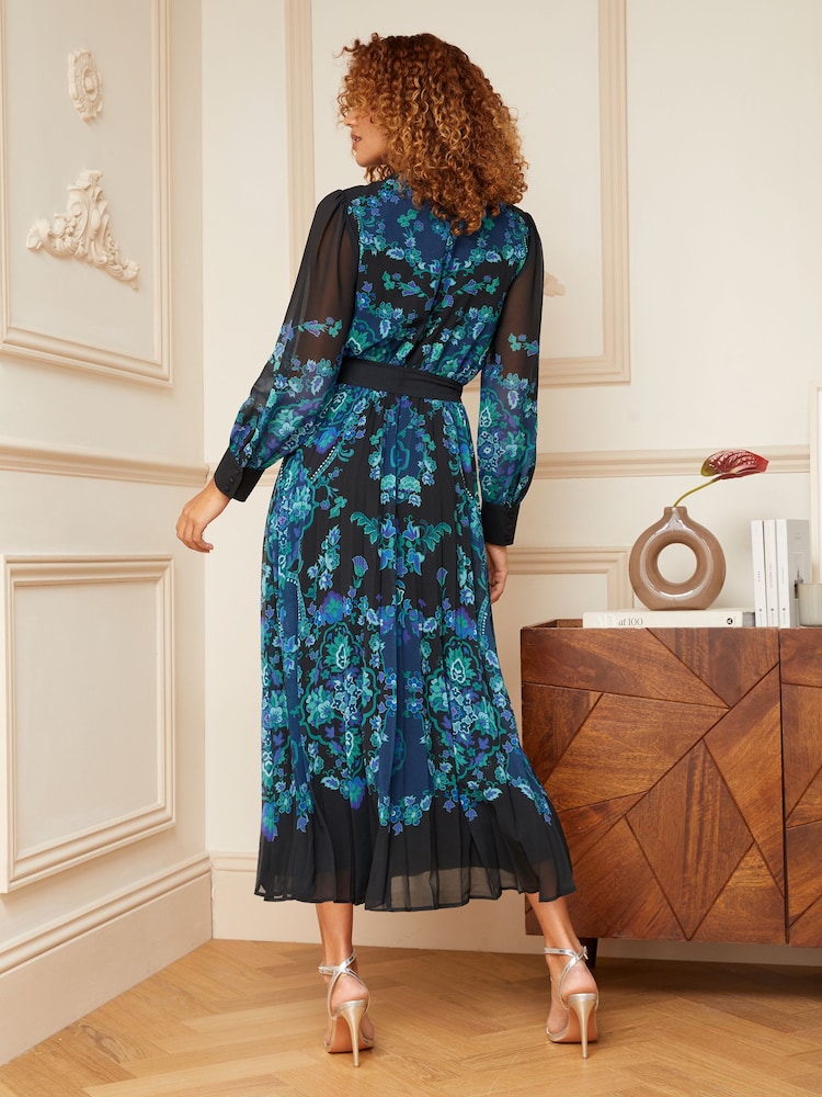 V&A | Love & Roses Black and Blue Printed Belted Pleated Long Sleeve Midi Dress - Image 3 of 4
